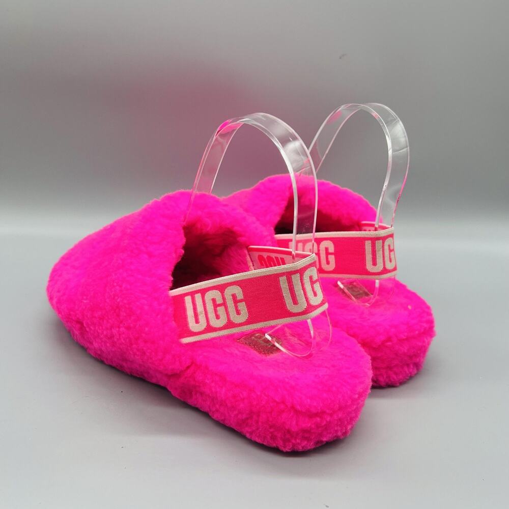 UGG Shoes Womens 7 Pink Shearling Fluff Yeah Slide Slingback Logo Strap Slippers - Picture 5 of 11